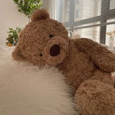 a brown teddy bear laying on top of a white fluffy pillow next to a window