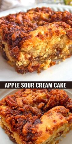 two different pictures of some food on a plate and one has an apple sour cream cake