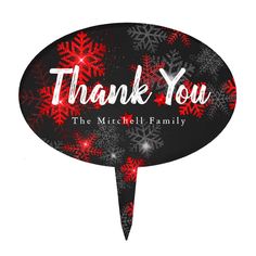 a black and red snowflaked speech bubble with the words thank you on it