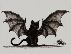 a black cat sitting on top of a table next to a bat and a demon