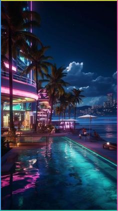 an outdoor swimming pool with palm trees and the ocean in the background at night time