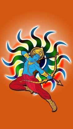 the avatar of lord rama is depicted on an orange background with blue and yellow colors