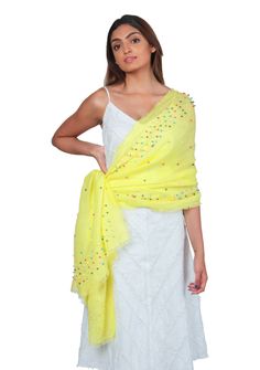 Infuse your look with a vibrant burst of color by styling yourself with this yellow linen and modal blended scarf. Its lightweight and breathable fabric makes it an ideal and easy-to-wear accessory. The scarf is adorned with fun and quirky multi-colored rudraksha pearls, delicately scattered across and as an inner border, adding a playful and whimsical touch to your outfit. Stand out from the crowd and embrace your individuality with this enchanting scarf that effortlessly combines comfort, styl Burst Of Color, Multi Colored, Breathable Fabric, Cashmere, Unique Designs, Silk, Yellow, Fabric, How To Wear