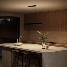 a kitchen island with two stools next to it and a potted plant on the counter