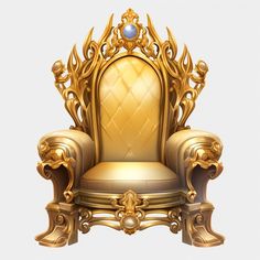 a golden chair with ornate carvings on the armrests and back, sitting in front of a white background