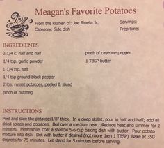 a menu listing the ingredients and instructions for some tasty potato salads or hotdogs