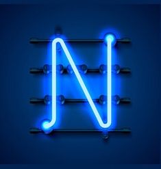 a neon blue letter n on a dark background with screws in the shape of an arrow