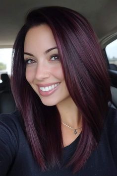 Brown Hair With Black Peekaboo, Dark Hair Red Underneath, Berry Hair Color Plum, Dark Brown Underneath Blonde On Top, Burgundy Hair With Highlights Caramel, Cherry Black Hair, Dark Fall Hair Color For Brunettes, Dark Brown Hair Short, Dark Cherry Hair Color