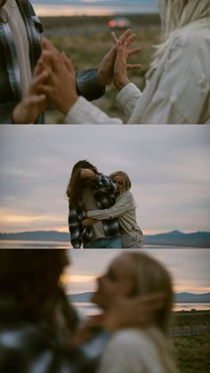 two people standing next to each other in front of the ocean and one person covering their eyes with her hands