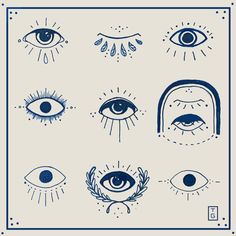 an image of different types of eyes in blue and white ink on a beige background