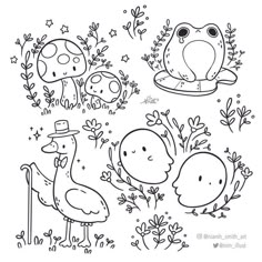 some cute animals and plants in black and white coloring book pages for kids to color