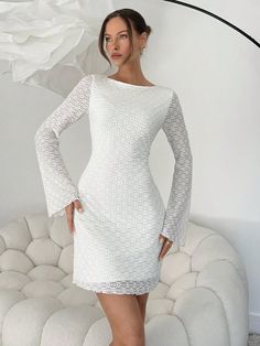 Women Ivory Bubble Lace Long Sleeve Mini Dress, Date Party Casual Dress For Fall, White Mini Dress, Formal Dress, Women Clothes, White Ruffle Beige Women Dresses, White Corset Dress, Fairy Core, Costume White Elegant  Long Sleeve Knitted Fabric Plain Bodycon Medium Stretch  Women Clothing, size features are:Bust: ,Length: ,Sleeve Length: Long Sleeve Lace Mini Dress, White Corset Dress, White Corset, Dresses Casual Fall, Girls Denim, Women's Shapewear, Vestido Casual, Long Sleeve Mini, The Dress