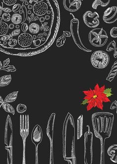 a chalkboard drawing of food and utensils