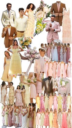 a collage of people dressed in pastel colored dresses and tuxedo suits