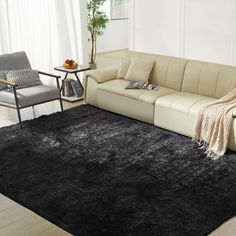 a living room with a large black rug on the floor