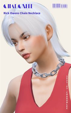 an image of a woman with white hair and chains on her neck, wearing a red top