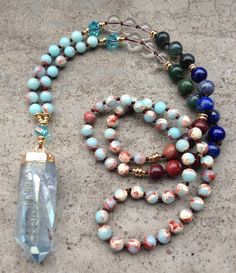 7 Stone Mala Beaded Rough Aura Quartz Necklace Mixed Beads Necklace, Quartz Pendant Necklace, Long Beaded Necklace, Mala Necklace, Blue Quartz, How To Make Necklaces, Aura Quartz, Mala Beads, Precious Jewelry