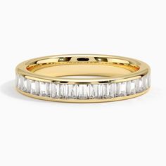 Channel Set Baguette Lab Diamond Wedding Ring (1 ct. tw.) - 18K Yellow Gold. This stunning band features a row of baguette cut lab diamonds secured in a channel that extends halfway down the shank for eye-catching sparkle. Wedding Band Baguette Diamond, Channel Set Diamond Wedding Band, Channel Set Wedding Band Stack, Gold Baguette Wedding Band, Two Tone Wedding Rings, Beveled Wedding Band, Emerald Cut Wedding Band, Wedding Stack, Channel Set Wedding Band