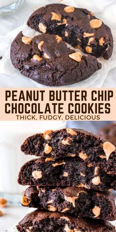 chocolate peanut butter cookies stacked on top of each other with the words, dairy - style dark chocolate peanut butter cookies