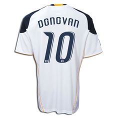 the back of a white soccer jersey with blue and yellow trimmings on it