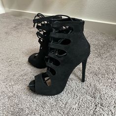 In Great Condition, Never Worn Outside. Black Lace-up Heels With 4-inch Heel, Black 4-inch Lace-up Heels, Black Lace-up Heels For Night Out, Black Lace Up Heels, Wild Diva Shoes, Lace Up Heels, Shoes Black, Shoes Women Heels, Black Lace