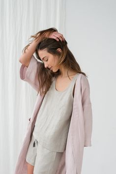 "Japanese style PETRA robe in dusty pink. - length is ± 115cm (45.3\") (depends on size) - three-quarter length kimono sleeves - wrap self-fabric twice tie belt - with pockets DETAILS: - 100 % European, pre-washed medium weight linen (205 g/m²) - the model is 180 cm (5′11″) high, wearing size S. - model measurements: bust 84 cm (33\") / waist 61 cm (24\") / hips 92 cm (36\") - color in the picture - dusty pink (you can choose other color on the right) MADE TO ORDER: All pieces are made to order, Comfortable Long Spring Sleepwear, Long Sleepwear For Spring Relaxation, Spring Open Front Home Robe, Spring Sleepwear With Pockets For Relaxation, Relaxed Fit Robe For Home Use In Spring, Beige Spring Loungewear Robe, Beige Robe For Spring Loungewear, Feminine Summer Kimono For Loungewear, Spring Kimono With Relaxed Fit