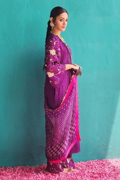 Purple kurta with pintuck detailing in front and sequin embroidered sleeve hem. Paired with pant and bandhej print dupatta. - Aza Fashions Bandhej Print, Satin Color, Silk Embroidery, Pants Pattern, Cut Work, Pin Tucks, Aza Fashion, Bell Sleeves, Types Of Sleeves