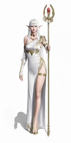 a woman dressed in white and gold holding a staff