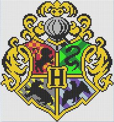 a cross stitch pattern with the hogwart crest on it, in yellow and green