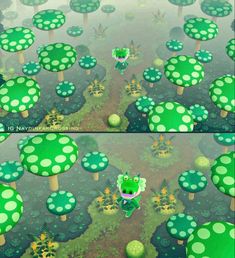 an animal crossing game with green trees and mushrooms