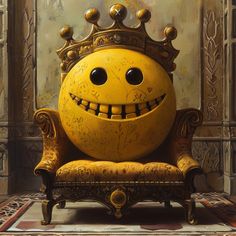 an odd looking chair with a smile on it's face and crown around its neck