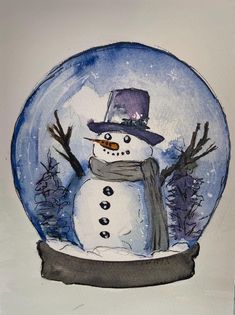 a watercolor painting of a snowman wearing a hat and scarf in a snow globe