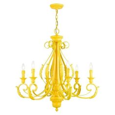 a yellow chandelier with five lights hanging from it's sides and four arms