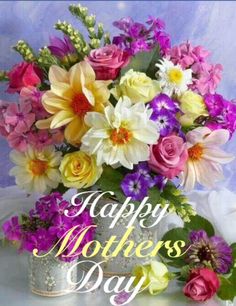 happy mother's day card with colorful flowers in a silver vase on a blue background