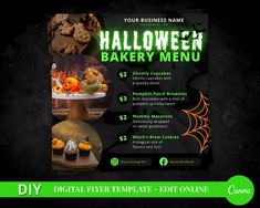 a halloween bakery menu with pumpkins and other foods