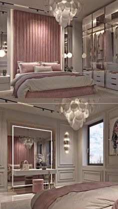 two pictures of a bedroom with chandelier, bed and mirror in the middle