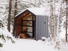 a small cabin in the woods with snow on the ground