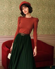 The Solid Color Pleated Skirt - Women's A Line Pleated High Waisted Skirt - Dark Green - Bottoms | RIHOAS Green Pleated Skirt Outfit, Green Skirt Outfits, Dark Green Skirt, Skirt Outfits Fall, Tailored Clothes, Women's Bottoms, Autumn Outfits, Shorts Pants, Pleated Midi Skirt