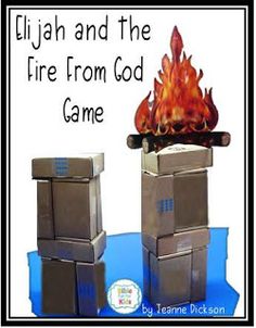 two cardboard boxes sitting next to each other in front of a fire with the words, elijah and the fire from god game