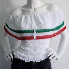 Artisanal Campesina Blouse White Whit Elastic Band All Around The Bottom Whit Ruffle And Ribbons Green , White And Red ,This Colors Represents The Mexican Independence Colors Mexican Top, Mexican Independence, Blouse White, White And Red, Elastic Band, Red And White, Womens Tops, Elastic, Band