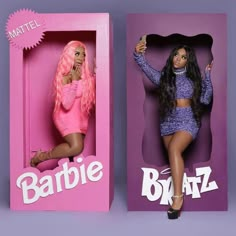 two barbie dolls are posed next to each other in the same box, one is pink and the other is purple