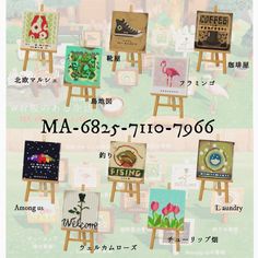 there are many different paintings on easels in the picture, and one is for sale