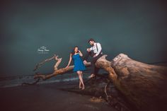 a man and woman sitting on a tree branch by the ocean