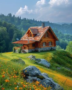 a log cabin sits on top of a grassy hill surrounded by trees and wildflowers