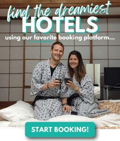 a man and woman sitting on top of a bed next to each other with text reading find the dreamest hotels using our favorite looking platform