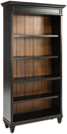 a bookcase with wooden shelves and metal bars on the bottom, in dark wood