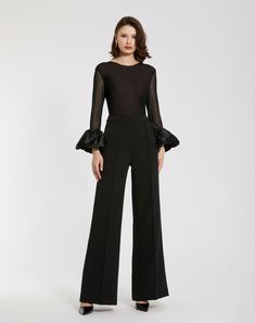 Add a touch of glamour to your wardrobe with our Mesh Long Sleeve Bodysuit featuring Satin Puff Sleeves. Perfect for pairing with high-waisted jeans or a sleek skirt, this versatile piece transitions seamlessly from day to evening, ensuring effortless elegance with every outfit. Mac Duggal Mesh fabric (95% Polyester, 5% Spandex) Long satin puff sleeves Round neckline Gusset snap button closure Available in Black Style #R49955 Chic Full-length Evening Pants, Chic Full Length Evening Pants, Chic Bottoms For Summer Evenings, Chic Evening Bottoms For Summer, Chic Summer Evening Bottoms, Solid Color Evening Pants For Fall, Elegant Bottoms For Night Out, Chic Stretch Pants For Evening, Modern Stretch Bottoms For Evening