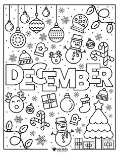 christmas coloring pages for adults and children with the word december in black and white, surrounded by snowflakes