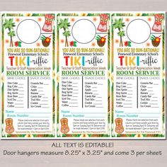 two door hangers with the words tiki tiki time and room service on them