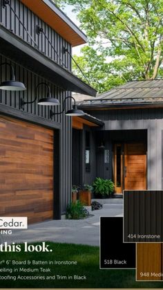 the exterior of a house with wood sidings and black trim, along with text that reads tru cedar stone get this look